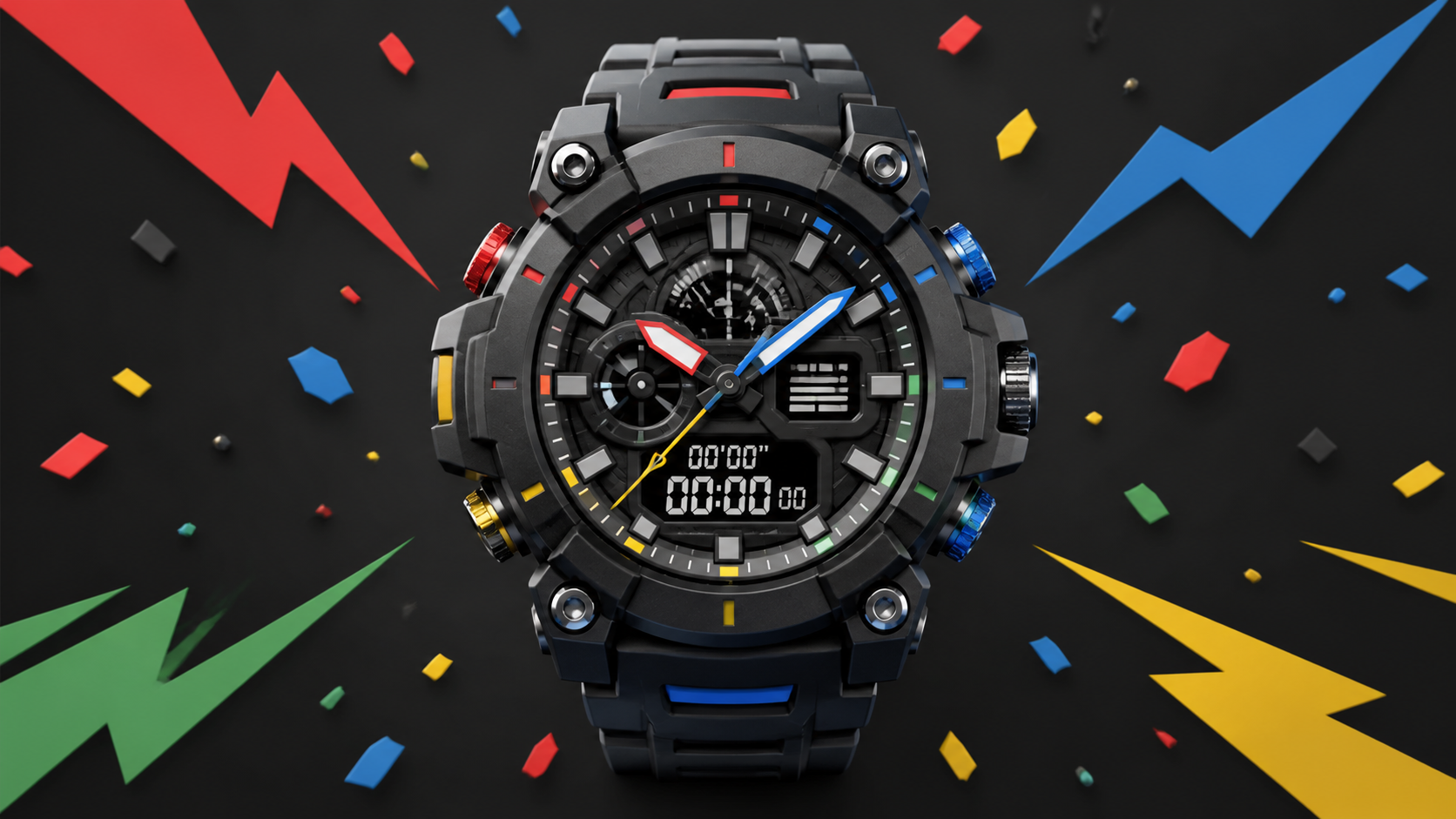 Original generic limited-edition-style digital watch illustration with abstract red, blue, green and yellow accents